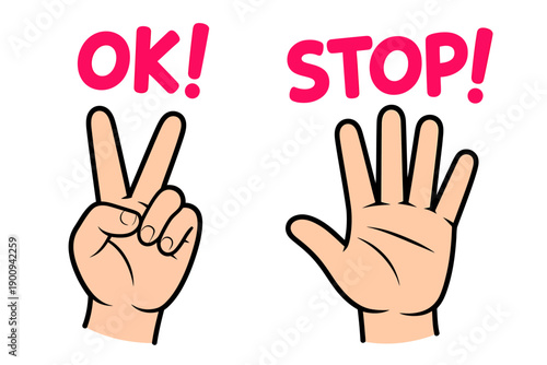 Cartoon hands making ok and stop gestures with text