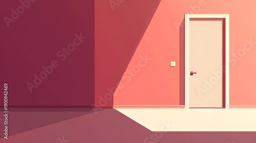 3d rendering of a red room with a door and a shadow on the wall