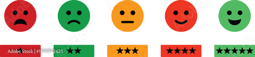 Emotional Feedback Rating Scale Illustration Showing Satisfaction Levels From Very Unhappy to Very Happy With Colorful Emoji Faces and Star Ratings for Reviews, Surveys, UX Research, Customer Experien