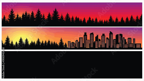 Three Panoramic City and Forest Banners. Colorful vector illustrations featuring urban skylines alongside coniferous forests. Ideal for web, print, and design projects