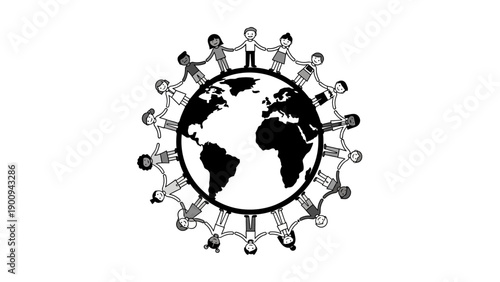 Diverse people hold hands around Earth.