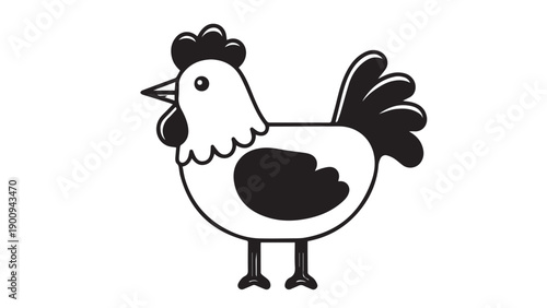 Playful cartoon chicken illustration with bold black and white lineart featuring a charming farmyard character.