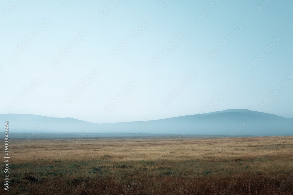 Fototapeta premium Serene landscape with misty mountains and golden grassland under soft light