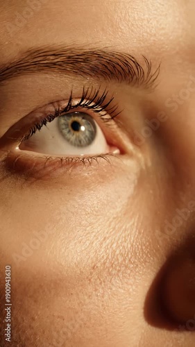 Extreme Close Up of Woman's Eye Opening Slowly With Warm Sunlight Illumination