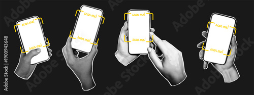 Qr phone halftone with scan me collage for hand code grainy. Grunge smartphone hold with mobile telephone reader for app cellphone design. Frame template qr with card scan pay for me screen set.