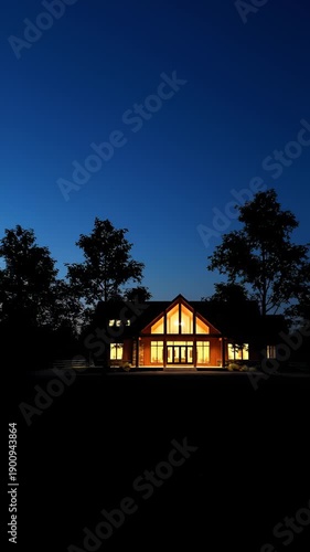 Luxurious Modern Rustic Home Exterior Illuminated at Twilight With Warm Interior Lights