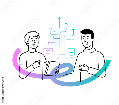 illustration people are holding a workshop. Workflow, growth, graphics. Business development, milestones, start-up. linear illustration Icons infographics. Landing page site print poster. Line story