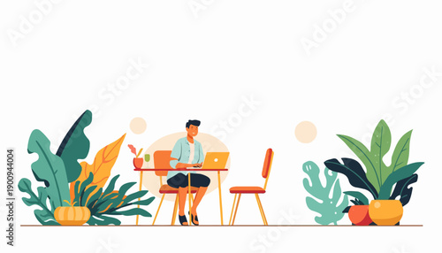 Digital nomad working on laptop at tropical beach cafe flat vector illustration
