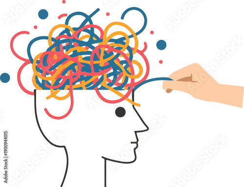 Conceptual flat vector illustration of a hand untangling messy thoughts from a human head mental health concept