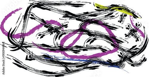 Abstract art with swirling black lines and vibrant colors