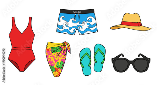 Assorted summer clothing and accessories including swimsuits, shorts, hats, sunglasses, and sandals displayed together on a clean white background from a straightforward viewpoint.