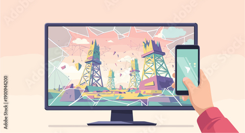 A hand holding a smartphone mirrors its screen onto a large monitor, showcasing a vibrant, stylized digital landscape with abstract structures.