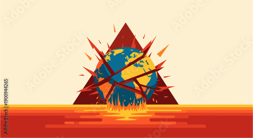 A striking illustration depicts a fractured Earth, encircled by a fiery red triangle, symbolizing global environmental crisis and destruction.