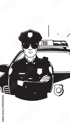 Illustration of a police officer standing with arms crossed beside patrol vehicles.