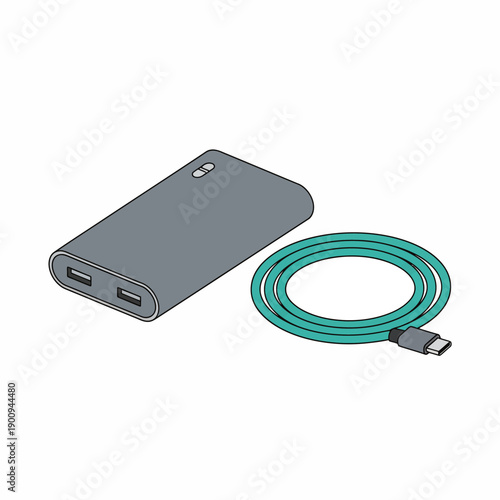 Minimalist flat vector illustration of mobile technology accessories like power bank and charging cable, solid flat colors, 