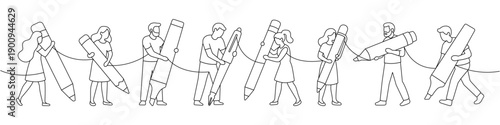 People with giant pens and pencils. Minimalist outline vector illustration of teamwork, writing and collaboration concept