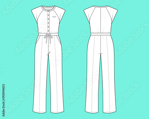 Women's Minimal Button-Front Utility Jumpsuit with Drawstring Waist Fashion Technical Flat Sketch