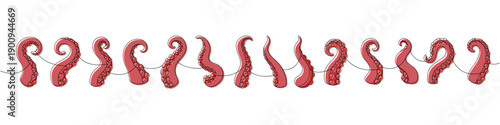 Seamless line art border of red octopus tentacles. Marine vector illustration for nautical designs, fantasy creatures, tattoos, and ocean patterns
