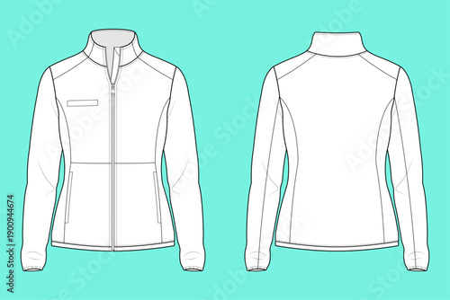 Women’s Sport Utility Zip-Front Stand Collar Jacket Technical Flat Sketch CAD Template