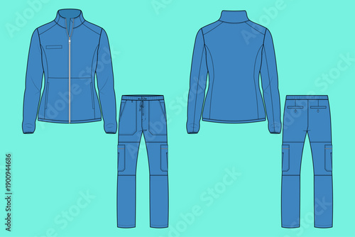 Women’s Utility Performance Jacket and Cargo Pant Set Fashion Technical Flat Sketch CAD