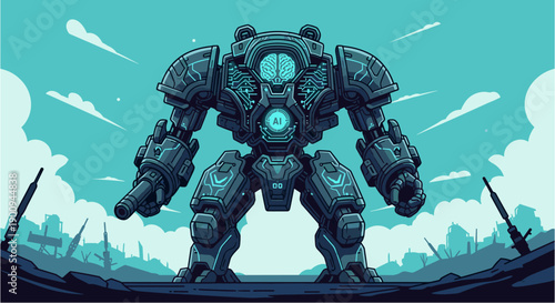 A powerful pixel art robot stands ready for battle in a desolate, war-torn landscape under a clear sky, evoking a retro gaming aesthetic.