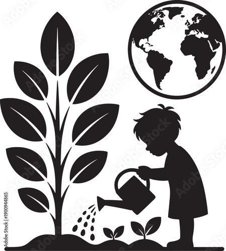 A child nurturing a seedling with the earth in the background
