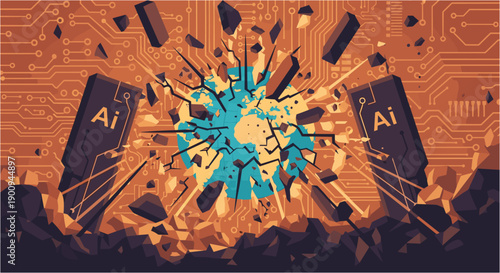 This conceptual illustration depicts artificial intelligence impacting the world, symbolizing a transformative and potentially disruptive force on global systems.