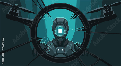 A futuristic robot with a glowing central eye emerges from a dark, abstract background, framed by a circular drone-like structure, depicting advanced artificial intelligence and surveillance.