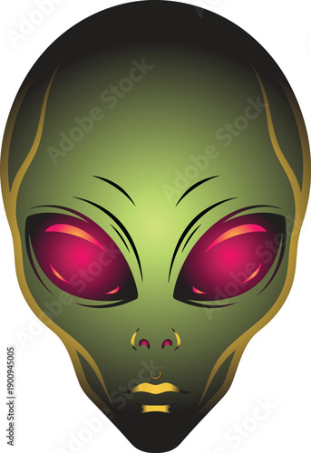 Futuristic Alien Face Portrait with Glowing Neon Eyes and Metallic Green Skin Detailed Vector Illustration.