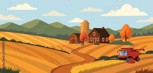 Autumn Harvest Landscape with Farm, Combine Harvester and Fields. Abstract rural scene.