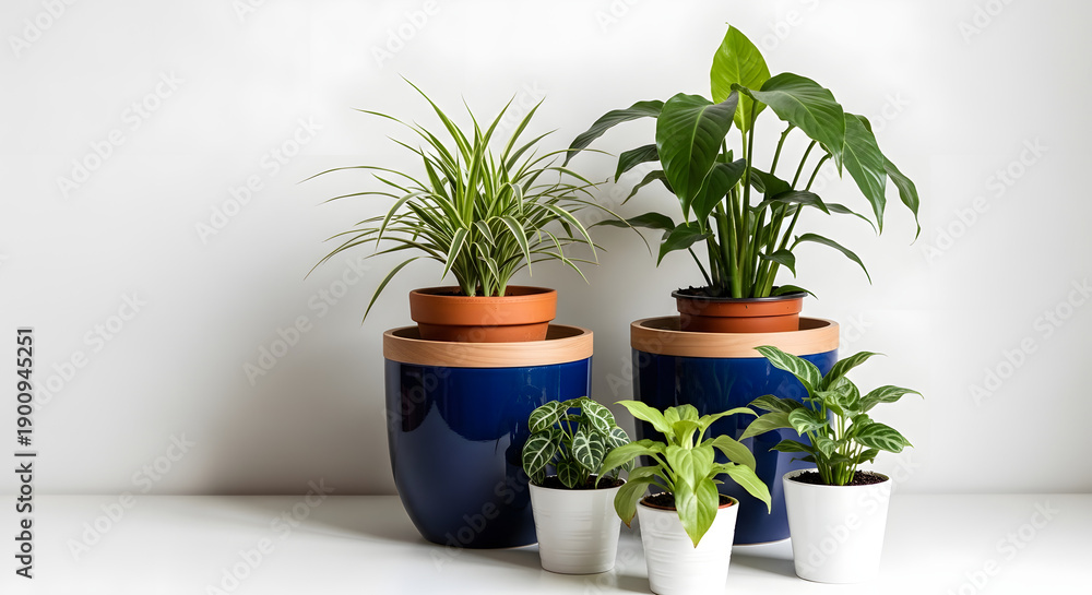Fototapeta premium Indoor plants in decorative pots on a white surface with a plain background