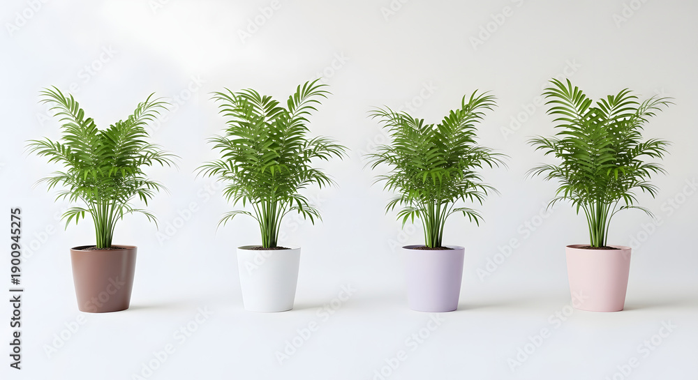 Fototapeta premium Four green fern plants in different colored pots on white background