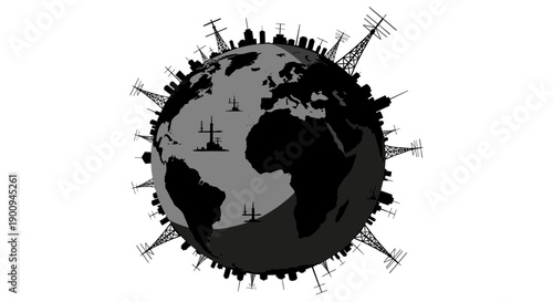Stylized black and white illustration depicting a global communication network with broadcast antennas surrounding the Earth.