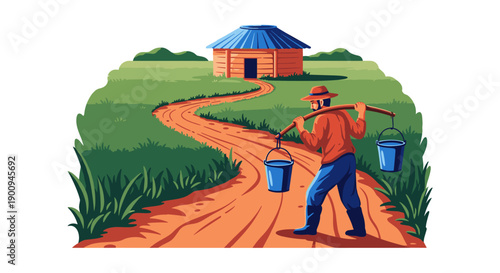 A dedicated man carries two water buckets on a yoke along a winding dirt path towards a rustic, traditional house in a rural landscape, illustrating daily life and resourcefulness.