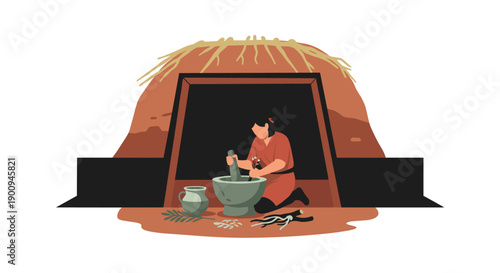 An illustration depicting a person in traditional attire kneeling and grinding ingredients with a mortar and pestle inside a rustic, hut-like structure, showcasing ancient culinary or medicinal