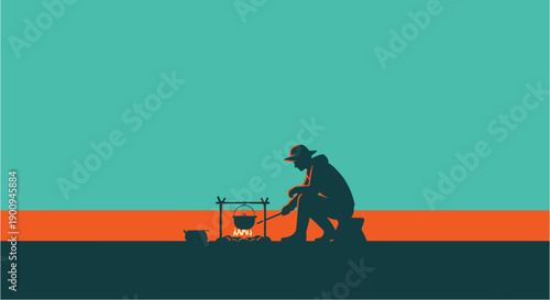 A solitary figure in silhouette cooks over an open campfire beneath a vast, colorful sky, evoking a sense of peaceful outdoor adventure and minimalist beauty.