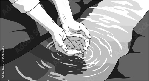 A pair of cupped hands gently collects fresh, clear water from a serene, flowing stream, symbolizing purity and natural refreshment.