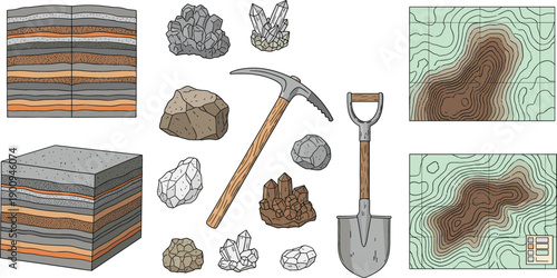 Collection of geology vector icons featuring soil layer cross-sections, crystals, minerals, pickaxe, shovel, and topographic maps for earth science and mining concepts.