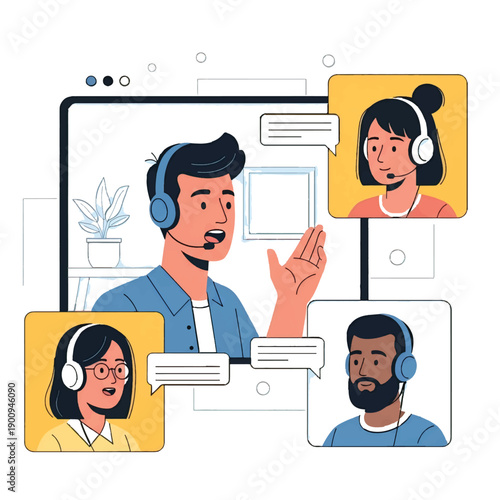 Cartoon vector illustration of a business man and woman working together at a desk in an office with computer in an educational workplace setting