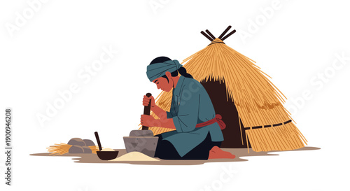 A person in traditional attire diligently grinds grains using a mortar and pestle outside a rustic straw hut, showcasing ancient culinary practices.