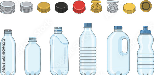 Set of plastic bottle vector icons featuring water bottles, sports bottles, milk jugs, and assorted screw caps for recycling and hydration concepts.