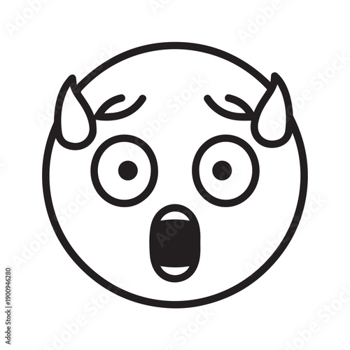 Surprised devil face emoji illustration with horns, wide eyes, and open mouth in bold line art.