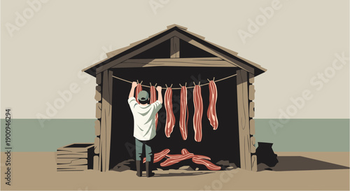 A farmer hangs freshly butchered meat to dry in a rustic wooden smokehouse, illustrating traditional preservation methods in a rural setting.