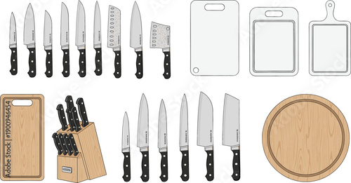 Professional kitchen knife set vector with chef knives, cleavers, wooden knife block, and assorted cutting boards for culinary arts and restaurant cooking concepts.
