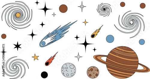 Collection of flat space vector icons featuring ringed planets, spiral galaxies, shooting stars, comets, moons, and celestial bodies for astronomy and science concepts.