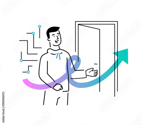 illustration people are holding a workshop. Workflow, growth, graphics. Business development, milestones, start-up. linear illustration Icons infographics. Landing page site print poster. Line story