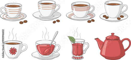 Collection of hand drawn coffee and tea vector icons featuring various ceramic cups, saucers, herbal tea glass, red teapot, and coffee beans.