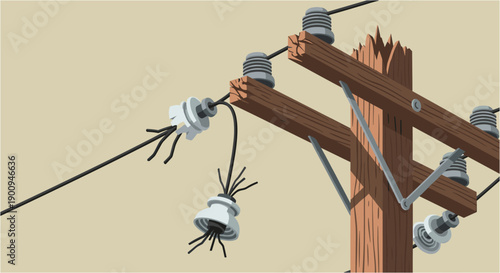 A detailed illustration depicting a damaged wooden utility pole with broken insulators and frayed electrical wires, symbolizing infrastructure failure.