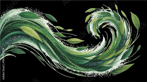 Vector abstract swirling green leaves with glitter particles, nature motion trail and eco friendly wind wave SVG isolated