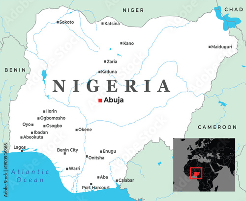 Political map of Nigeria showing major cities borders and regional context within Africa